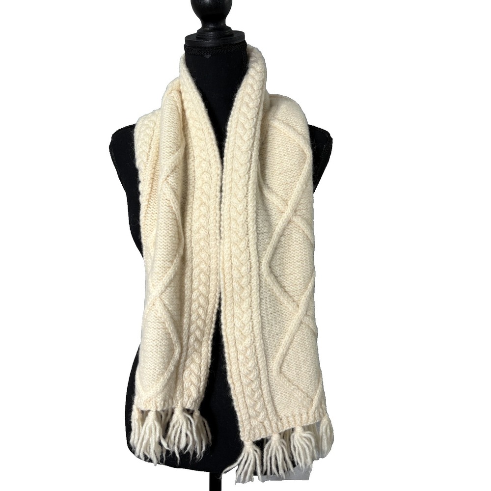 Wool Cable Knit Scarf Chunky Fringe Fisherman Classic Hand Knit